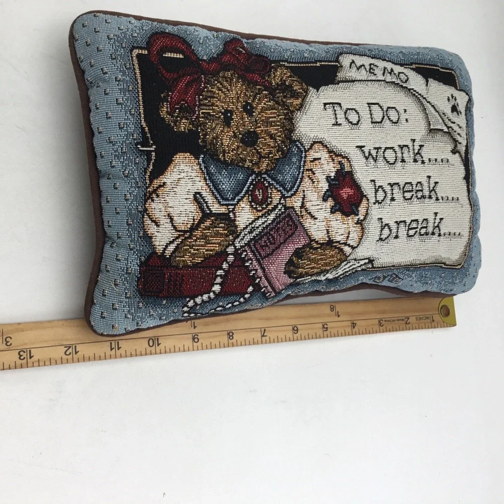 Vintage Woven Tapestry Teddy Bear Memo To Do Work Break Small Accent Pillow
